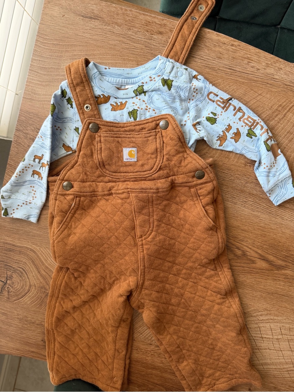 Carhartt Brown Overalls with Light Blue Bodysuit